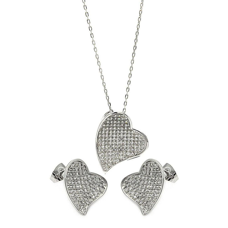 Silver 925 Rhodium Plated Micro Pave Clear Curl Heart CZ Stud Earring and Necklace Set - BGS00254 | Silver Palace Inc.