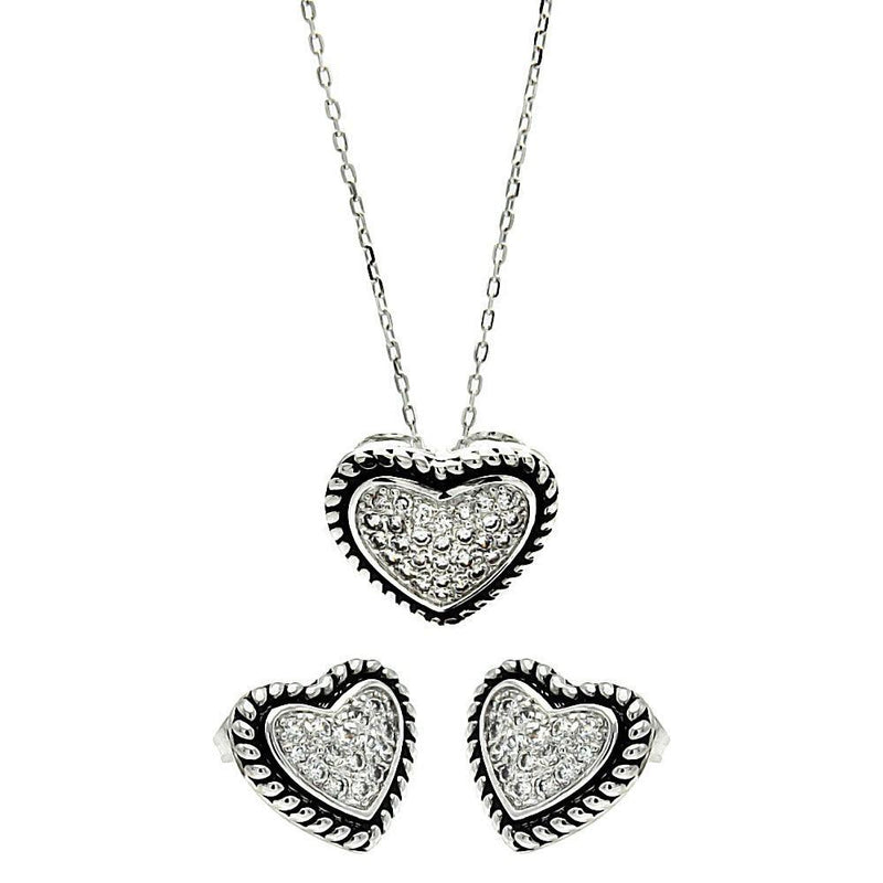 Silver 925 Rhodium and Black Rhodium Plated Bead Border Clear Heart CZ Stud Earring and Necklace Set - BGS00256 | Silver Palace Inc.