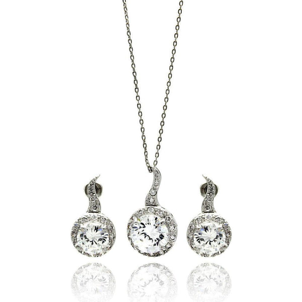 Silver 925 Rhodium Plated Clear Round CZ Hanging Stud Earring and Hanging Necklace Set - BGS00258 | Silver Palace Inc.
