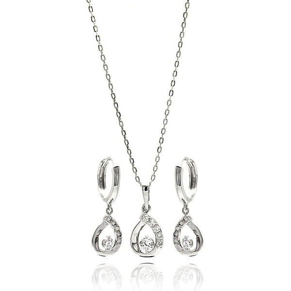 Silver 925 Rhodium Plated Open Teardrop Clear CZ Leverback Earring and Necklace Set - BGS00260 | Silver Palace Inc.