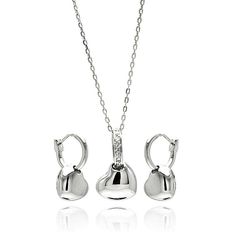 Silver 925 Rhodium Plated High Polish Heart Clear CZ Leverback Earring and Necklace Set - BGS00263 | Silver Palace Inc.