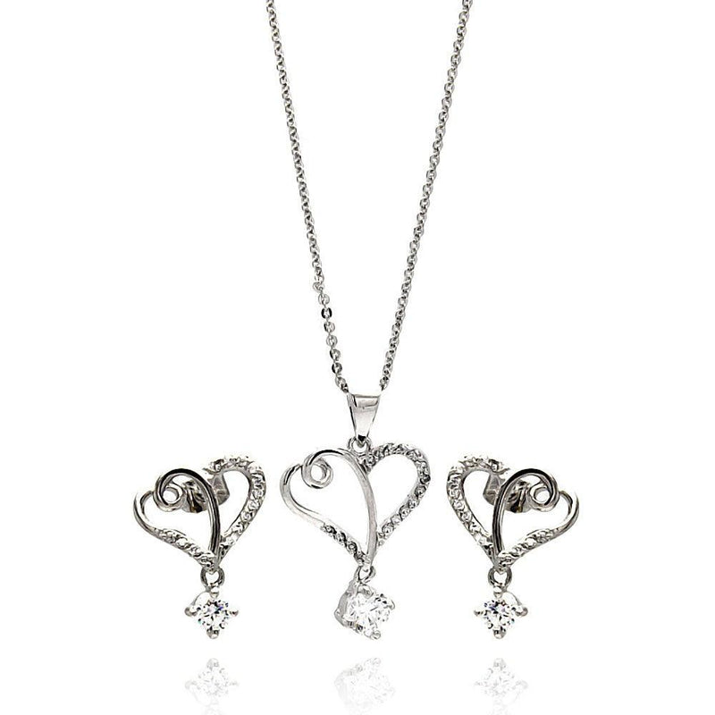 Silver 925 Rhodium Plated Clear Double Open Heart CZ Hanging Stud Earring and Hanging Necklace Set - BGS00266 | Silver Palace Inc.