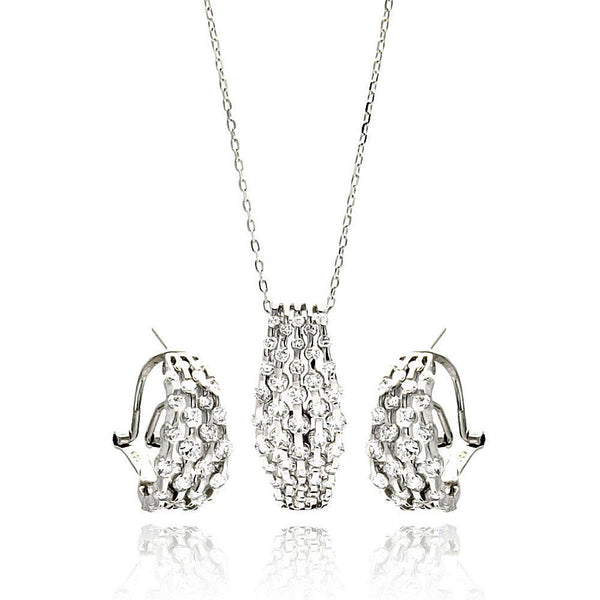 Silver 925 Rhodium Plated Multi Row Clear CZ French Clip Earring and Necklace Set - BGS00270 | Silver Palace Inc.