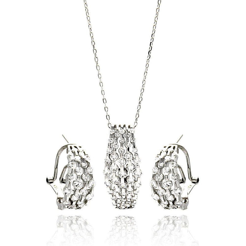 Silver 925 Rhodium Plated Multi Row Clear CZ French Clip Earring and Necklace Set - BGS00270 | Silver Palace Inc.
