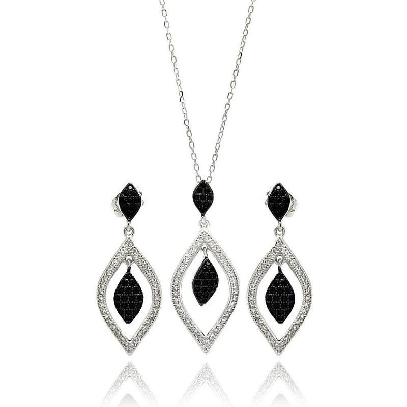 Silver 925 Rhodium Plated Black and Clear Open Marquise Teardrop CZ Set - BGS00271 | Silver Palace Inc.