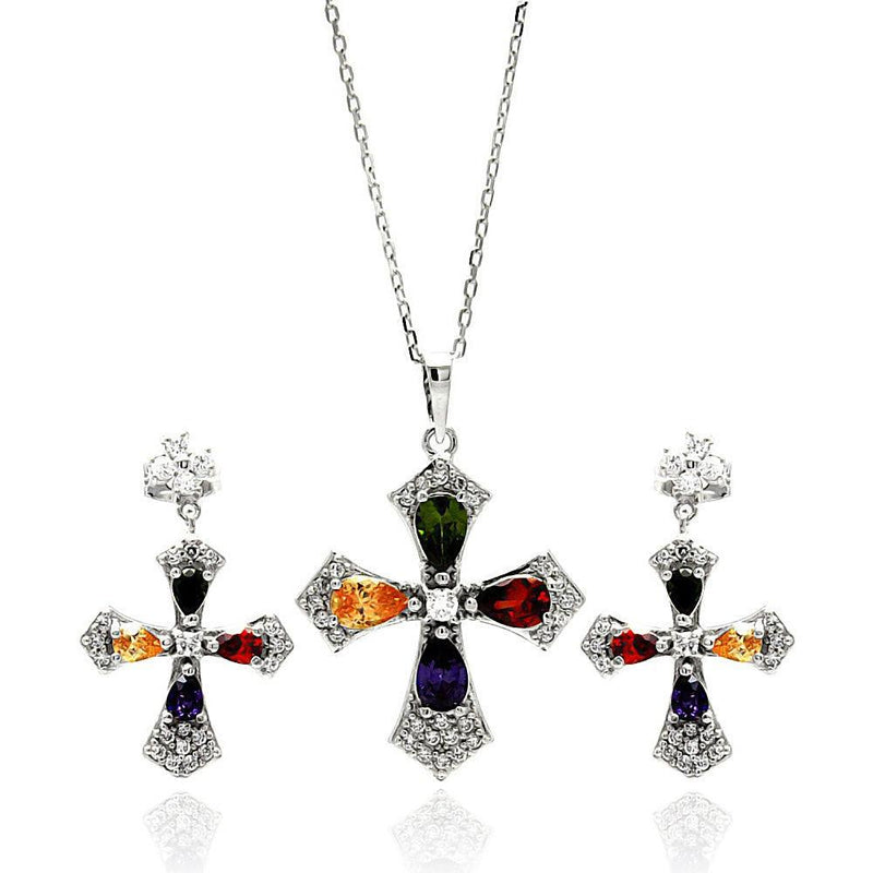 Silver 925 Rhodium Plated Multi Colored Cross CZ Hanging Stud Earring and Necklace Set - BGS00274 | Silver Palace Inc.