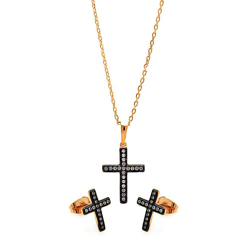 Silver 925 Black Rhodium and Gold Plated Cross Clear CZ Stud Earring and Necklace Set - BGS00277 | Silver Palace Inc.