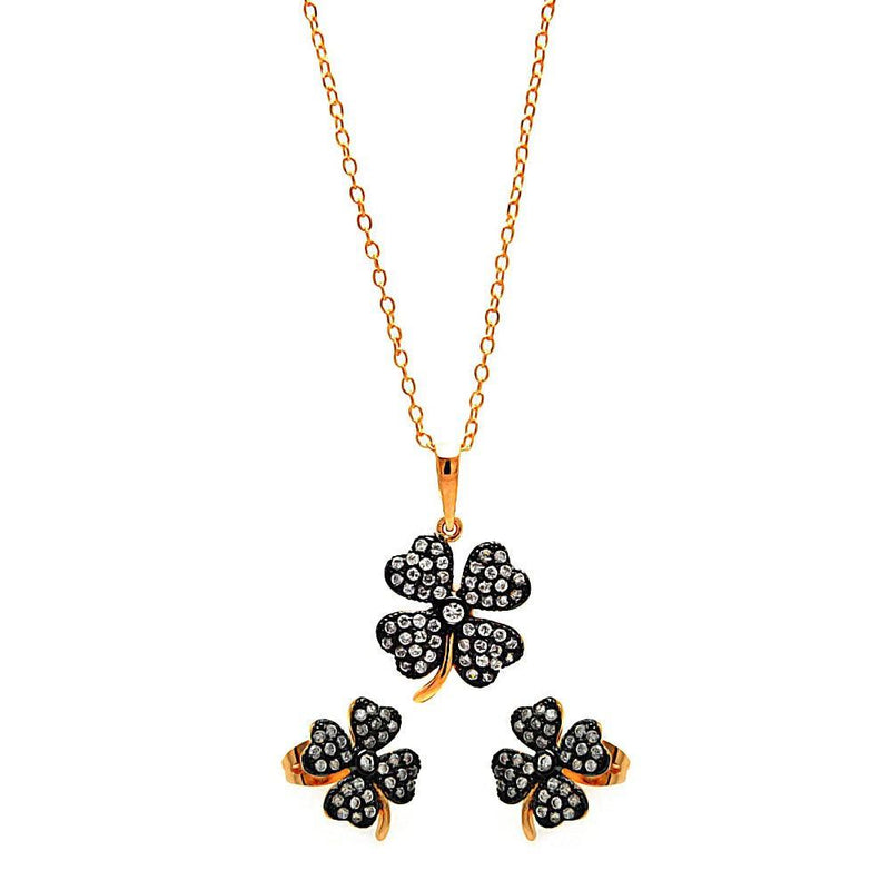 Silver 925 Black Rhodium and Gold Plated Clear Mini Clover CZ Set - BGS00301 | Silver Palace Inc.