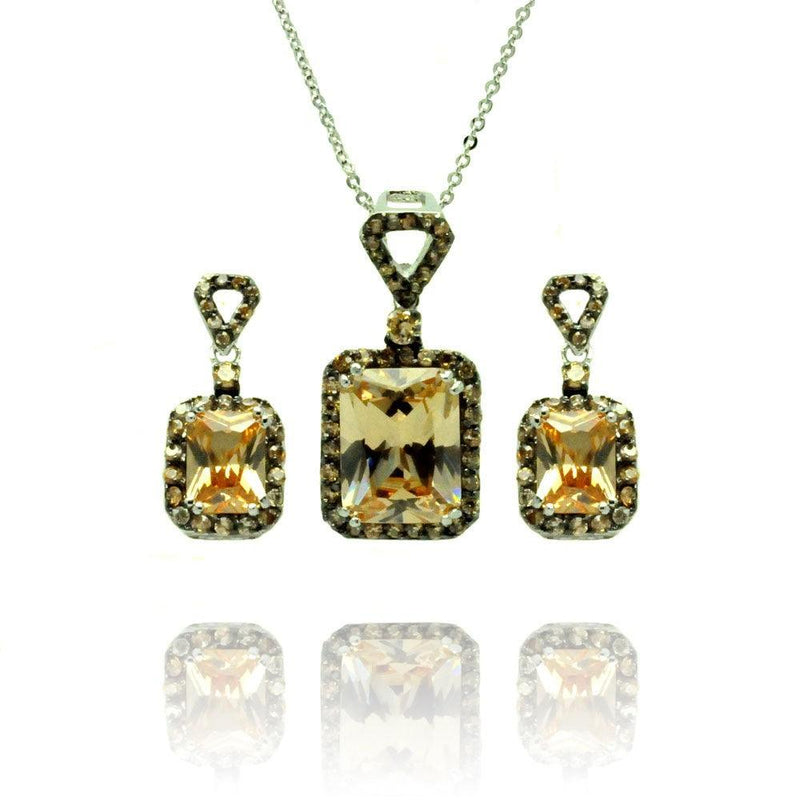 Silver 925 Black Rhodium Plated Yellow Round and Rectangular CZ Dangling Stud Earring and Necklace Set - BGS00375 | Silver Palace Inc.
