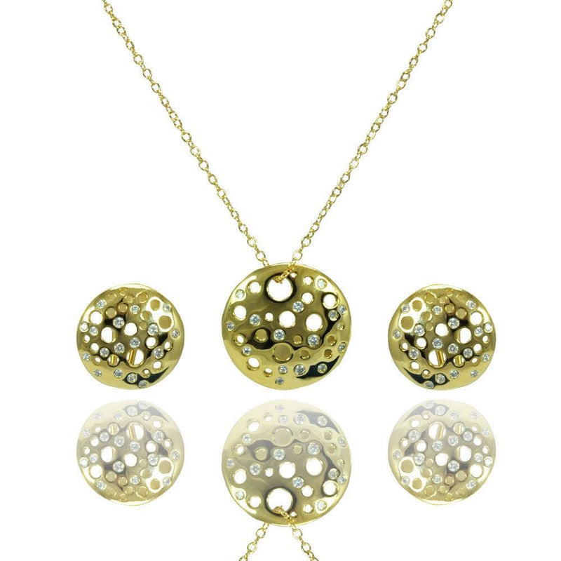 Silver 925 Gold Plated Clear Round Disc CZ Stud Earring and Necklace Set - BGS00385 | Silver Palace Inc.
