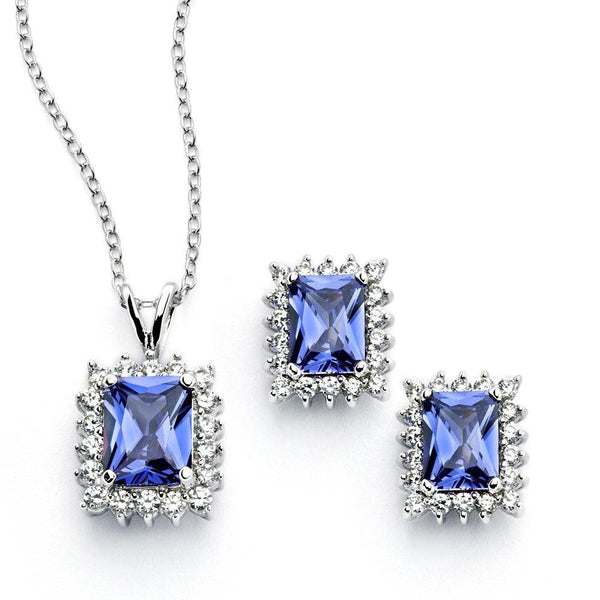 Silver 925 Rhodium Plated Clear Cluster Blue Rectangle CZ Stud Earring and Necklace Set - BGS00389 | Silver Palace Inc.