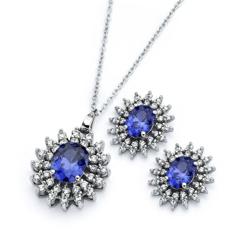 Silver 925 Rhodium Plated Clear Cluster Blue Oval CZ Stud Earring and Necklace Set - BGS00393 | Silver Palace Inc.