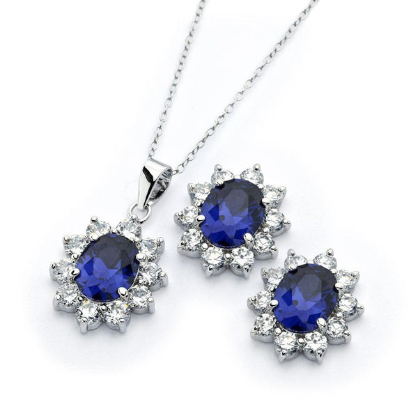 Silver 925 Rhodium Plated Clear Cluster Blue Cluster Flower CZ Stud Earring and Necklace Set - BGS00394 | Silver Palace Inc.