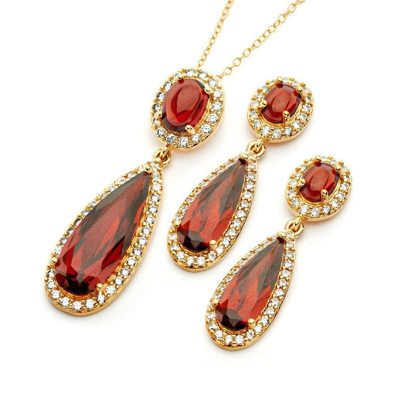 Silver 925 Gold Plated Clear and Red Oval Slim Teardrop CZ Dangling Stud Earring and Dangling Necklace Set - BGS00395 | Silver Palace Inc.