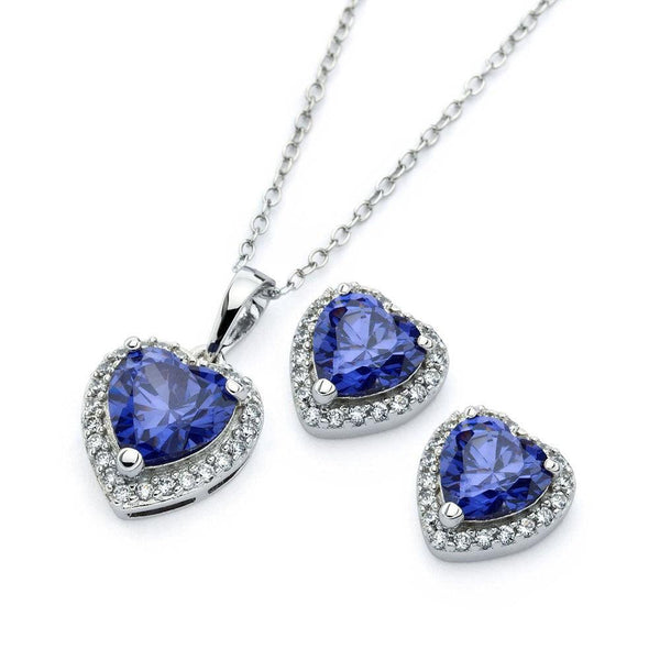 Silver 925 Rhodium Plated Clear Cluster Blue Heart CZ Stud Earring and Necklace Set - BGS00398 | Silver Palace Inc.