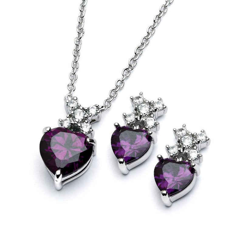 Silver 925 Rhodium Plated Clear Round Purple Heart CZ Stud Earring and Necklace Set - BGS00399A | Silver Palace Inc.