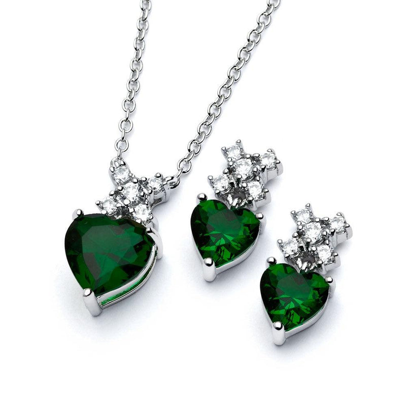 Silver 925 Rhodium Plated Clear Round Green Heart CZ Stud Earring and Necklace Set - BGS00399G | Silver Palace Inc.