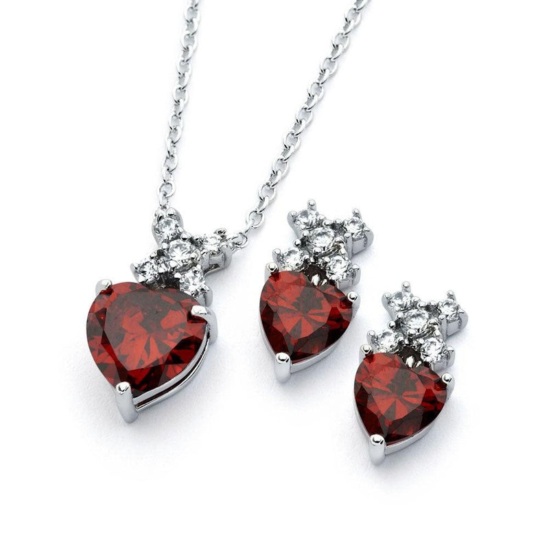 Silver 925 Rhodium Plated Clear Round Red Heart CZ Stud Earring and Necklace Set - BGS00399R | Silver Palace Inc.