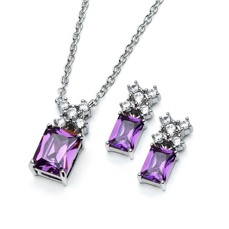 Silver 925 Rhodium Plated Clear Round Purple Rectangle CZ Stud Earring and Necklace Set - BGS00400A | Silver Palace Inc.