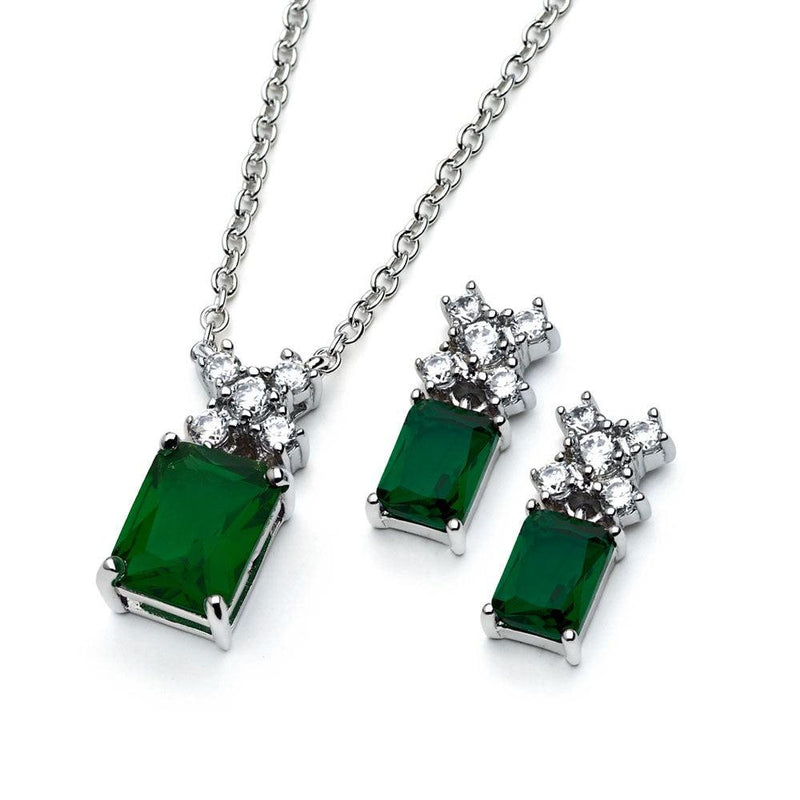 Silver 925 Rhodium Plated Clear Round Green Rectangle CZ Stud Earring and Necklace Set - BGS00400G | Silver Palace Inc.