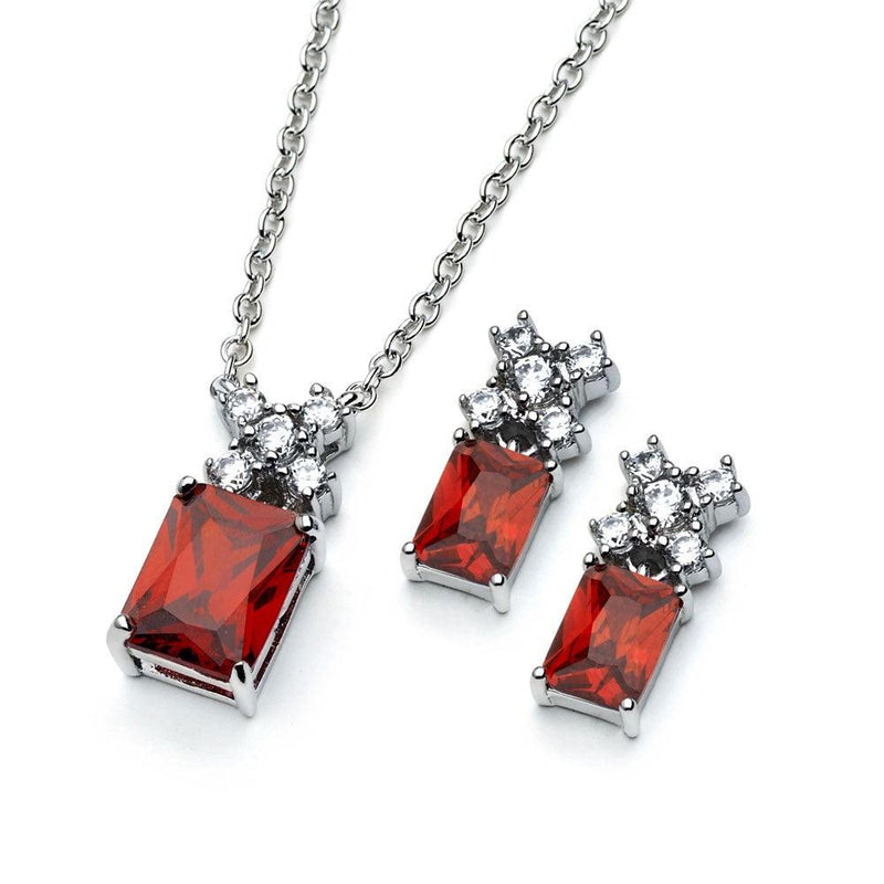 Silver 925 Rhodium Plated Clear Round Red Rectangle CZ Stud Earring and Necklace Set - BGS00400R | Silver Palace Inc.
