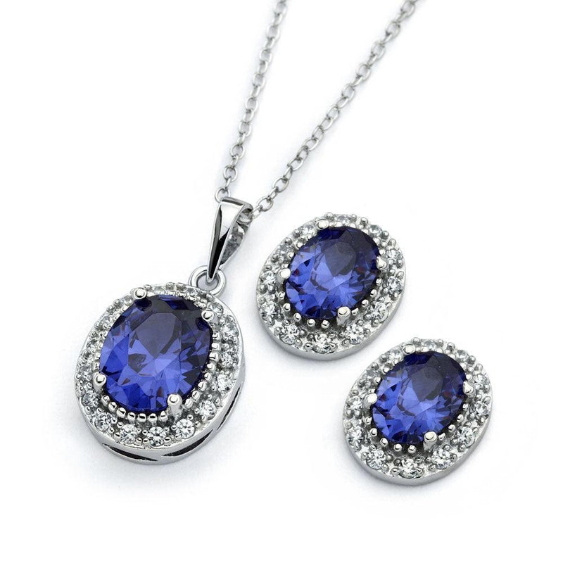 Silver 925 Rhodium Plated Clear Cluster Blue Oval CZ Stud Earring and Necklace Set - BGS00404 | Silver Palace Inc.