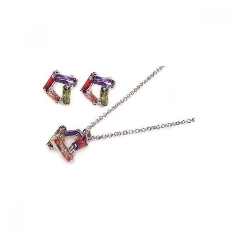 Silver 925 Rhodium Plated Multicolor Baguette Open Square CZ Stud Earring and Necklace Set - STS00003-MULTI | Silver Palace Inc.
