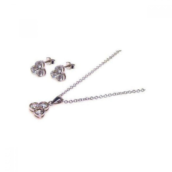 Silver 925 Rhodium Plated Flower Round CZ Stud Earring and Dangling Necklace Set - STS00013 | Silver Palace Inc.