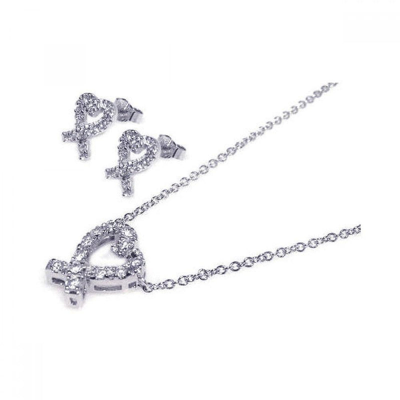 Silver 925 Rhodium Plated Ribbon Open Heart CZ Stud Earring and Necklace Set - STS00027 | Silver Palace Inc.