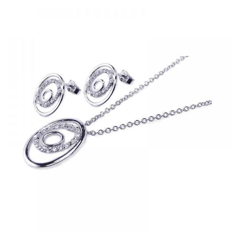 Silver 925 Rhodium Plated Open Circle CZ Stud Earring and Necklace Set - STS00040 | Silver Palace Inc.