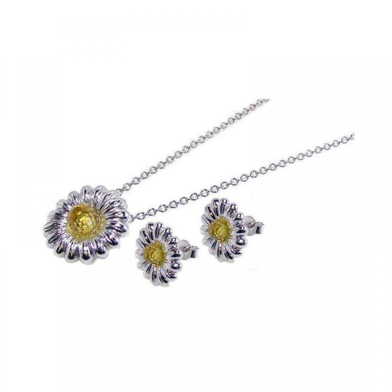 Closeout-Silver 925 Rhodium Plated Yellow Flower CZ Stud Earring and Necklace Set - STS00063 | Silver Palace Inc.