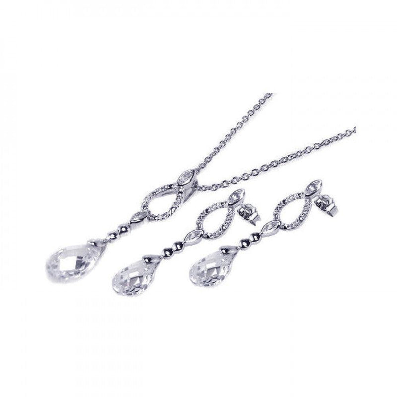 Silver 925 Rhodium Plated Open Teardrop CZ Dangling Stud Earring and Necklace Set - STS00074 | Silver Palace Inc.