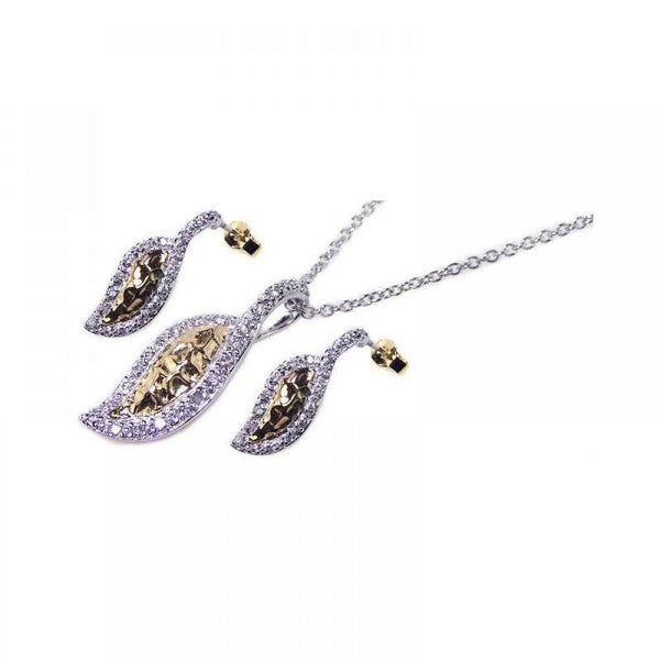 Closeout-Silver 925 Gold and Rhodium Plated Curvy Marquis CZ Inlay Stud Earring and Necklace Set - STS00077 | Silver Palace Inc.