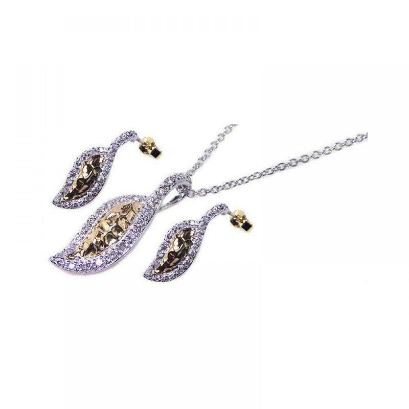 Closeout-Silver 925 Gold and Rhodium Plated Curvy Marquis CZ Inlay Stud Earring and Necklace Set - STS00077 | Silver Palace Inc.