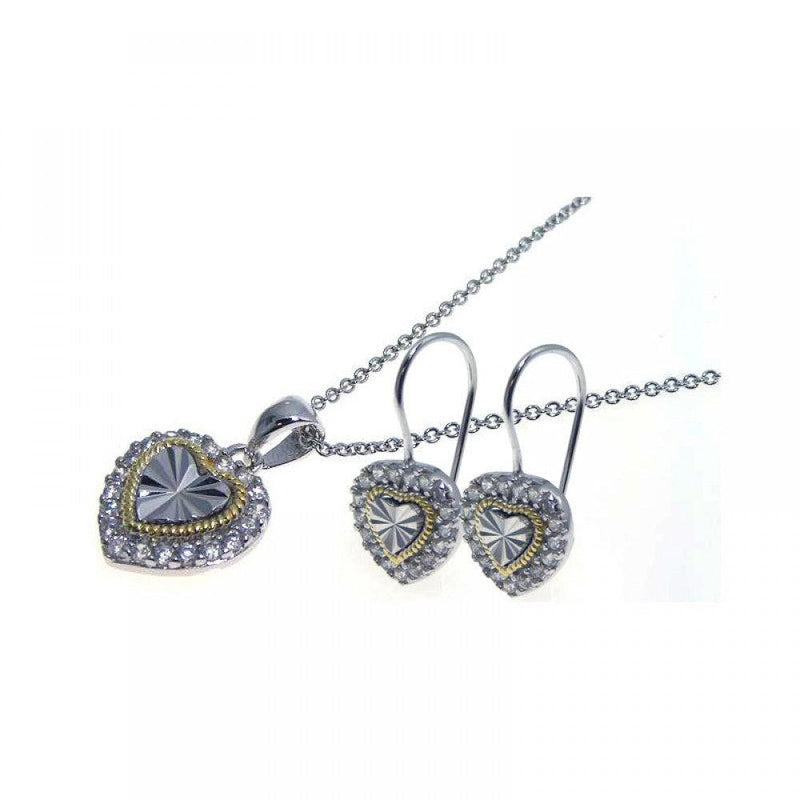 Closeout-Silver 925 Gold and Rhodium Plated Heart CZ Hook Earring and Necklace Set - STS00096 | Silver Palace Inc.