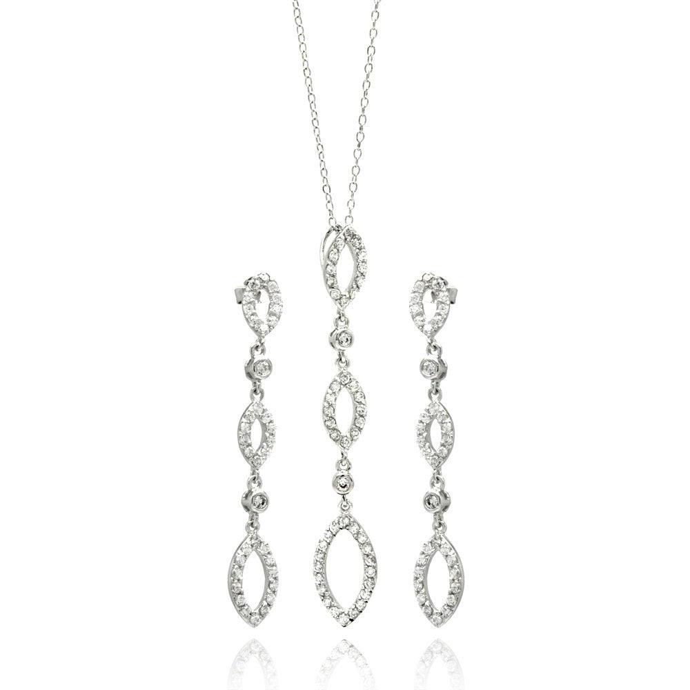 Silver 925 Rhodium Plated Open Marquis Dangling CZ Stud Earring and Necklace Set - STS00104 | Silver Palace Inc.