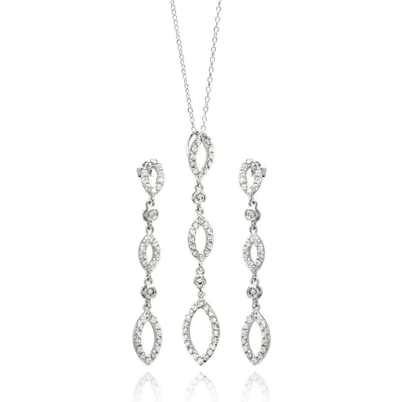 Silver 925 Rhodium Plated Open Marquis Dangling CZ Stud Earring and Necklace Set - STS00104 | Silver Palace Inc.