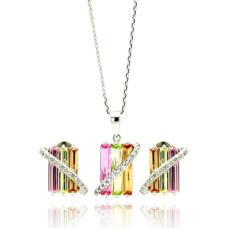 Silver 925 Rhodium Plated Multi Colored Rectangular CZ Stud Earring and Necklace Set - BGS00202 | Silver Palace Inc.