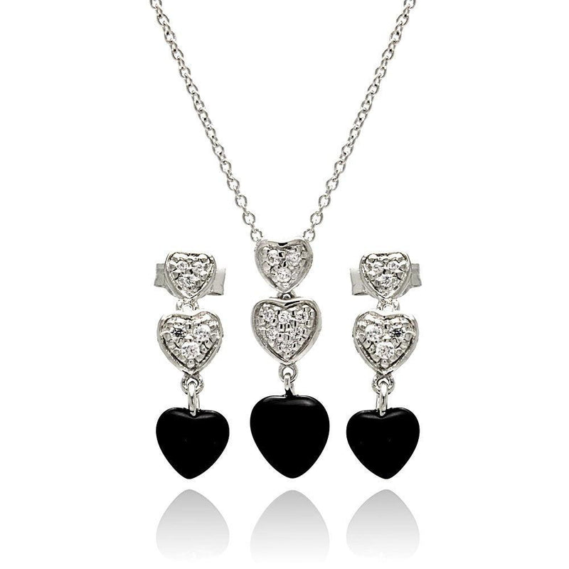 Silver 925 Rhodium Plated Dangling Heart CZ Black Onyx Stud Earring and Necklace Set - STS00109 | Silver Palace Inc.