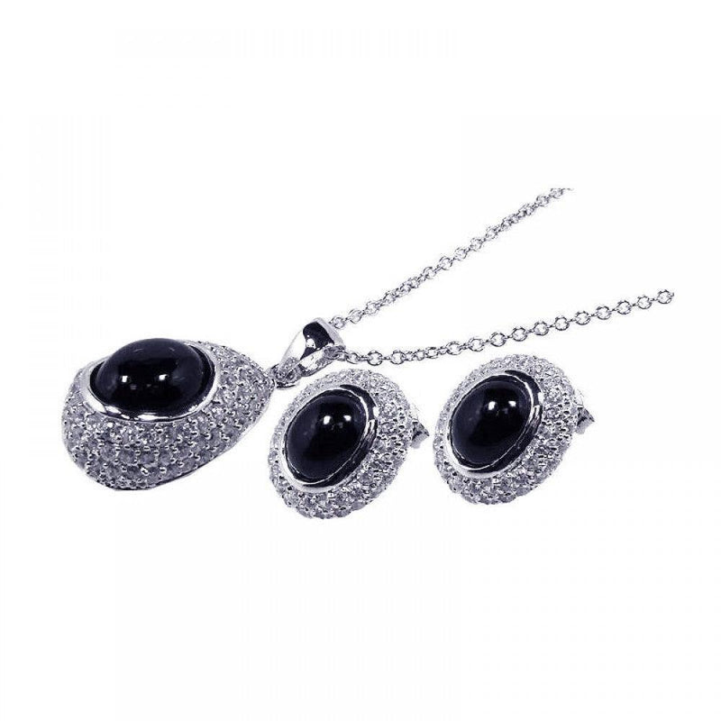Closeout-Silver 925 Rhodium Plated Round CZ Black Circle Onyx Stud Earring and Necklace Set - STS00125 | Silver Palace Inc.