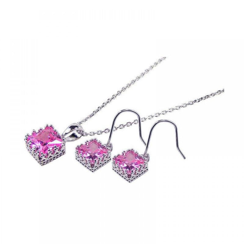Silver 925 Rhodium Plated Square Pink CZ Hook Dangling Set - STS00135PNK | Silver Palace Inc.
