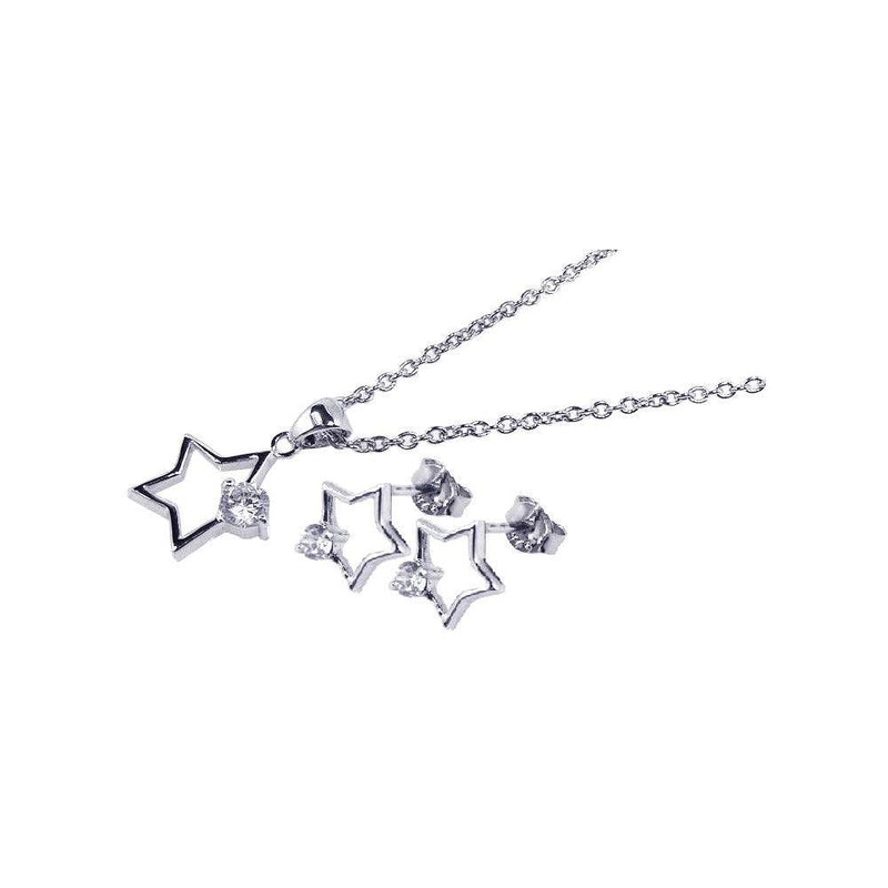 Silver 925 Rhodium Plated Open Star CZ Stud Earring and Necklace Set - STS00140 | Silver Palace Inc.