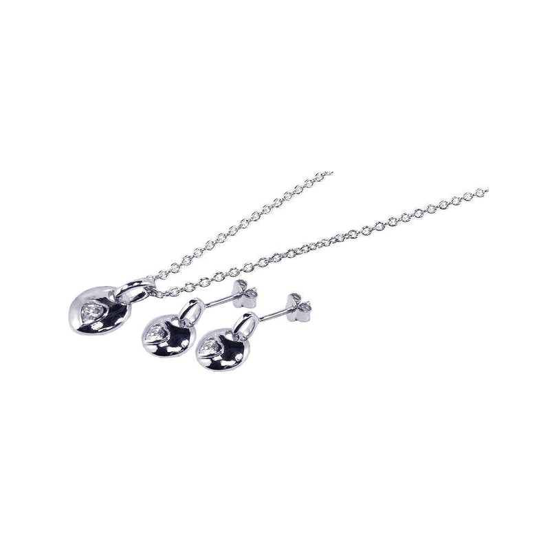 Silver 925 Rhodium Plated Circle Heart CZ Inlay Stud Earring and Necklace Set - STS00141 | Silver Palace Inc.