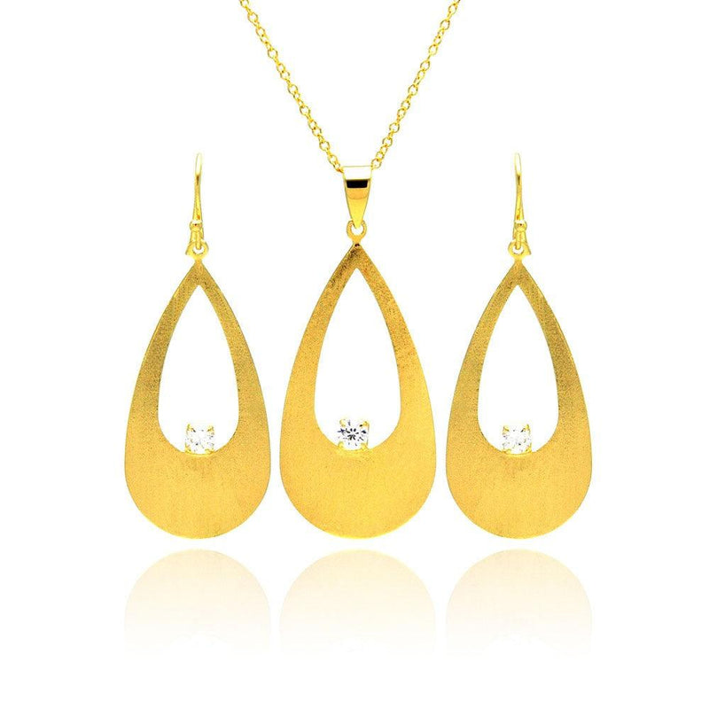 Closeout-Silver 925 Gold Rhodium Plated Open Teardrop CZ Earring and Necklace Set - STS00145 | Silver Palace Inc.