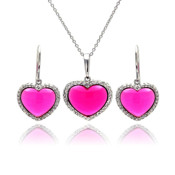 Closeout-Silver 925 Rhodium Plated Heart Pink CZ Hoop Set - STS00147 | Silver Palace Inc.