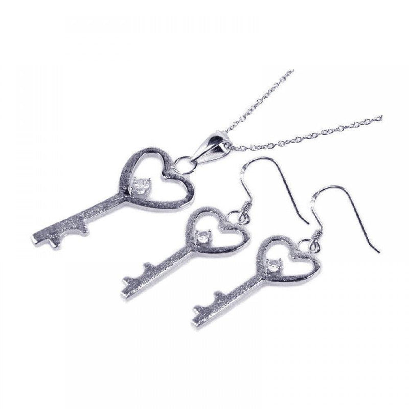 Silver 925 Rhodium Plated Kingdom Heart Key CZ Hook Earring and Necklace Set - STS00156 | Silver Palace Inc.