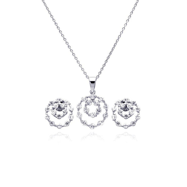 Silver 925 Rhodium Plated Graduated Open Circle CZ Stud Earring and Necklace Set - STS00166 | Silver Palace Inc.