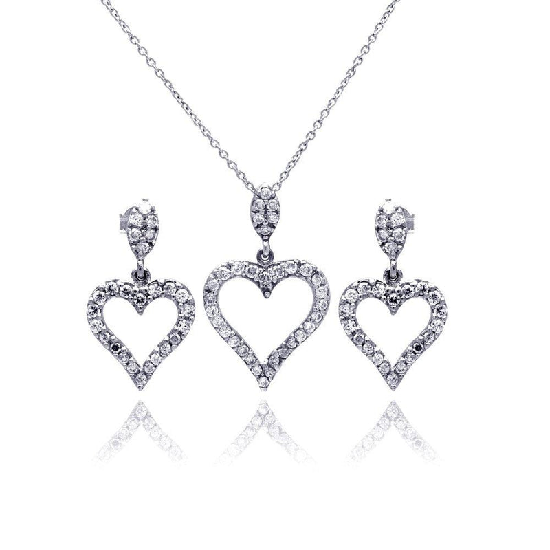 Silver 925 Rhodium Plated Open Heart CZ Dangling Earring and Necklace Set - STS00170 | Silver Palace Inc.
