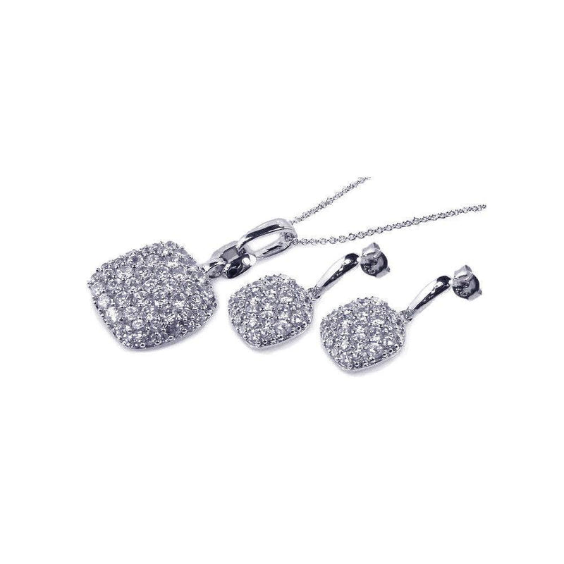Silver 925 Rhodium Plated Square CZ Dangling Earring and Necklace Set - STS00171 | Silver Palace Inc.
