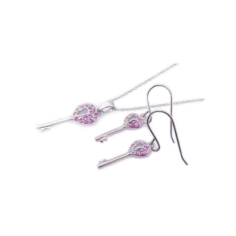 Silver 925 Rhodium Plated Kingdom Heart Pink Key CZ Hook Earring and Necklace Set - STS00174 | Silver Palace Inc.